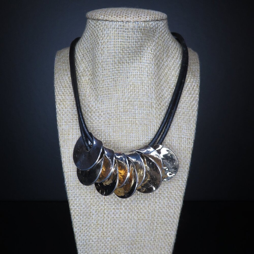 Black Leather Cord Necklace with Two-Toned Silver and Gold Discs